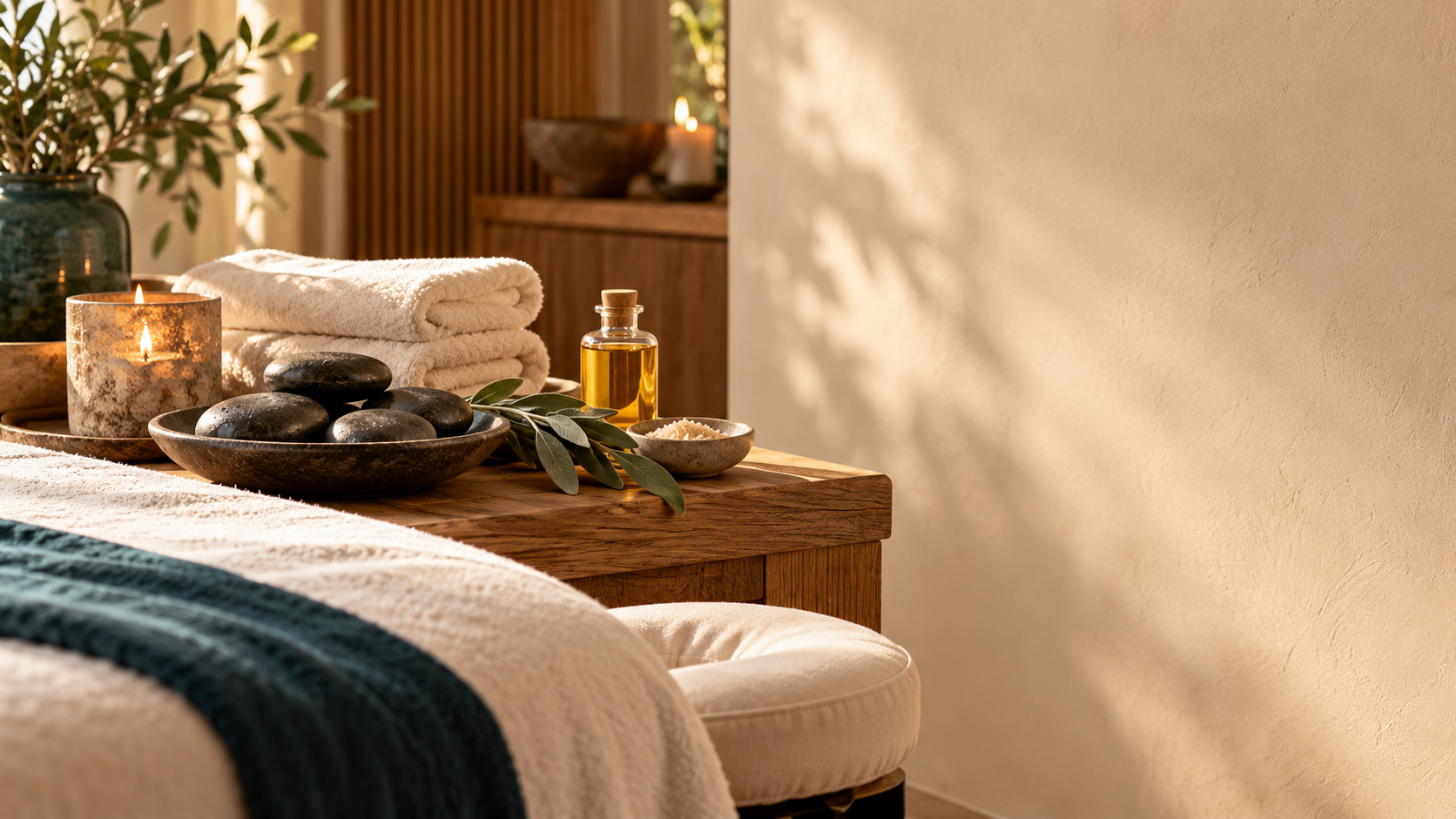 Massageöl, warme Steine und frisch gefaltete Handtücher