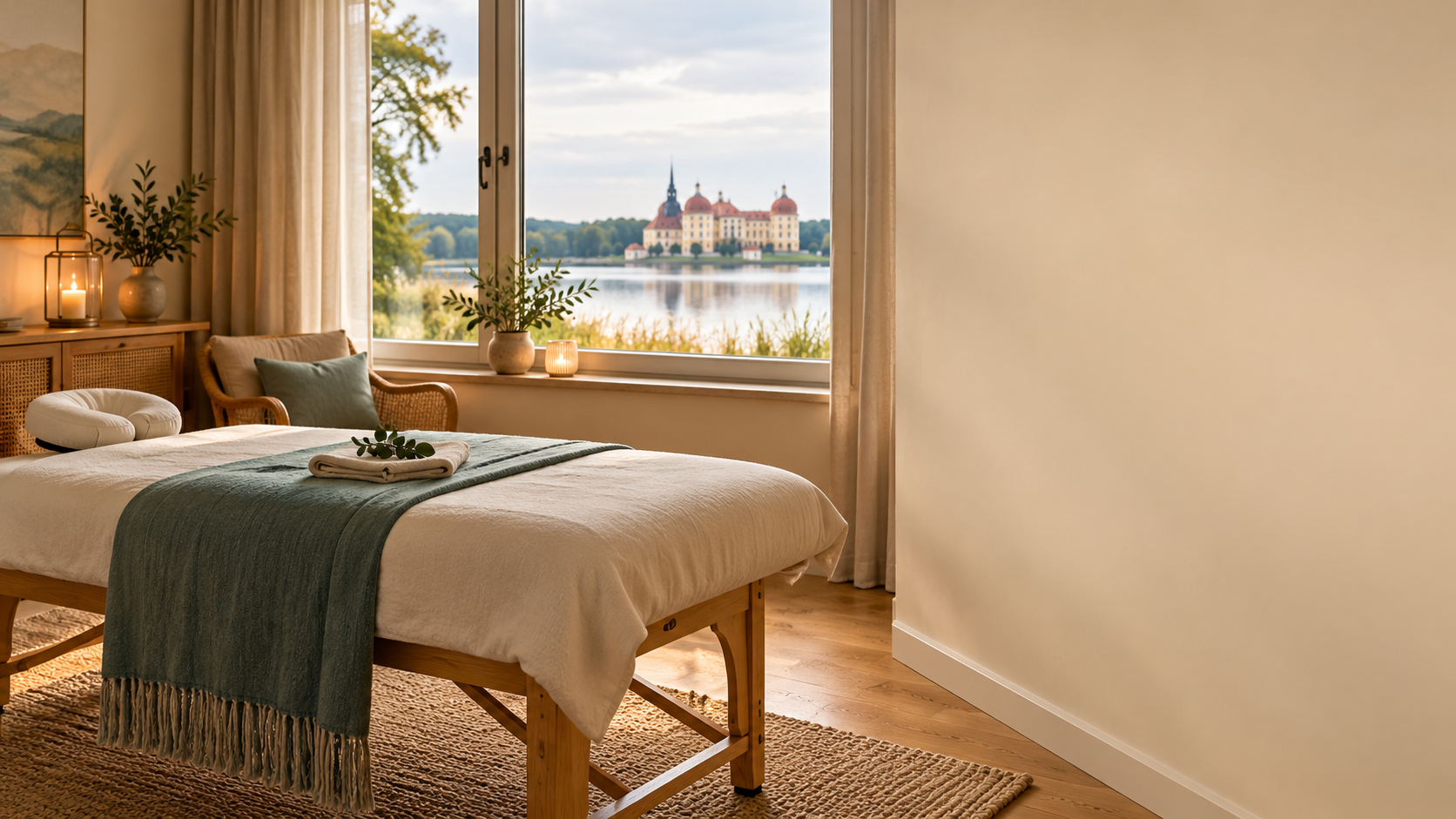 Ruhiger Massageraum mit Blick auf Schloss Moritzburg und warmem Tageslicht