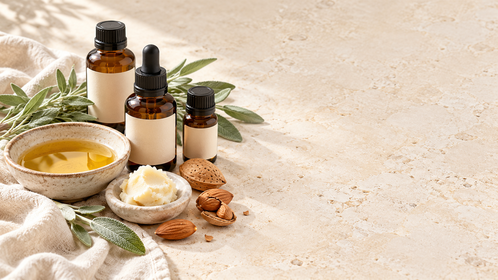 Massage oil and soft towels prepared for a wellness massage